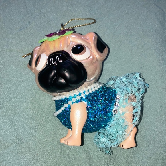 Blue Glitter Pug Dog with Pearls and Tutu Blown Glass Ornament - Picture 2 of 3